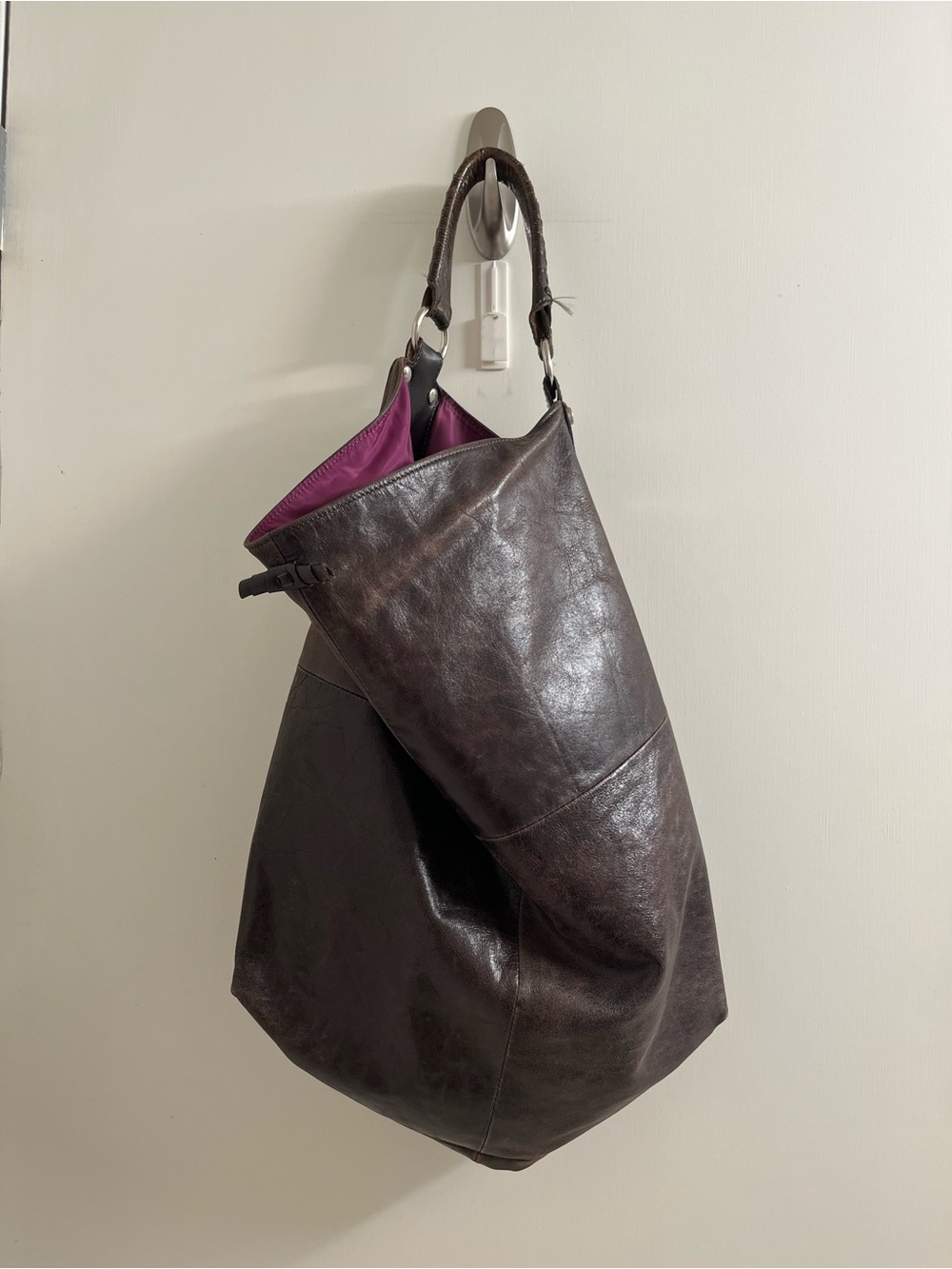 Dark Leather Hobo Bag with Purple Lining